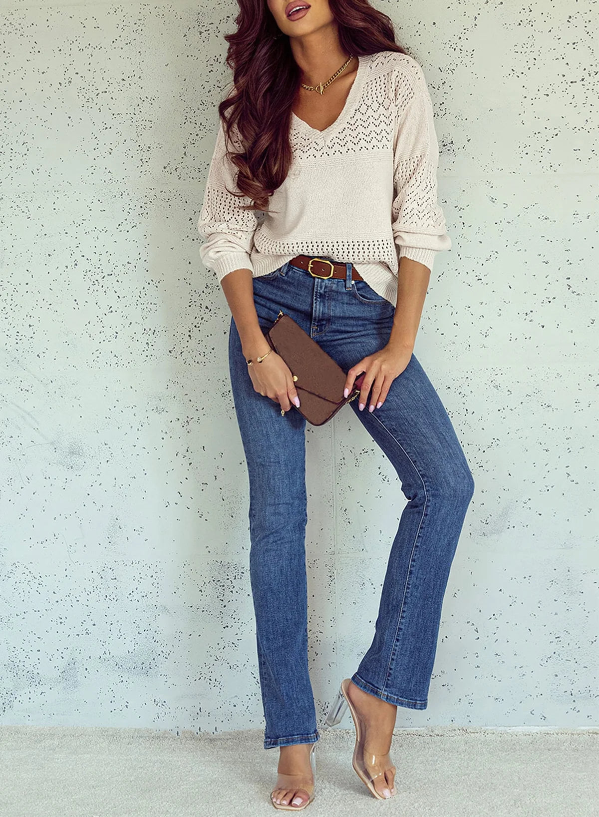 Womens Sweaters Crochet Hollow Out Sweaters Trendy Loose Fit V Neck Pullover Long Sleeve Lightweight Oversized Sweaters White 2XL